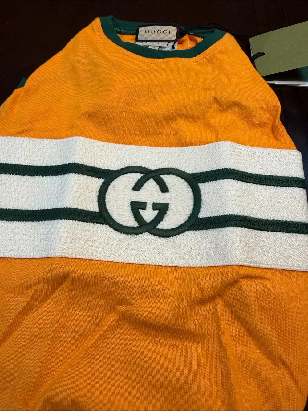 New Authentic Gucci GG Logo Dog Shirt Clothes Gold Green Size S